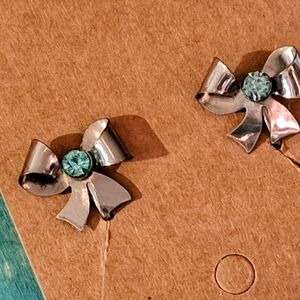 Vintage Silver Bow Earrings with Light Teal Stones